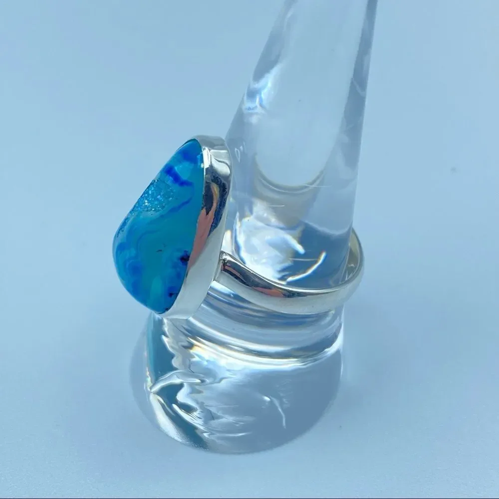 Marine Blue Aura Druzy Sterling Silver Ring Jewelry Size 9